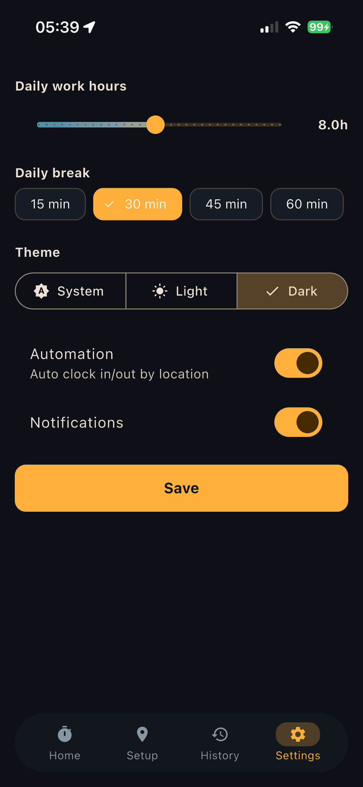 GeoPunch settings screen: daily work hours, break length, theme, and automation toggles