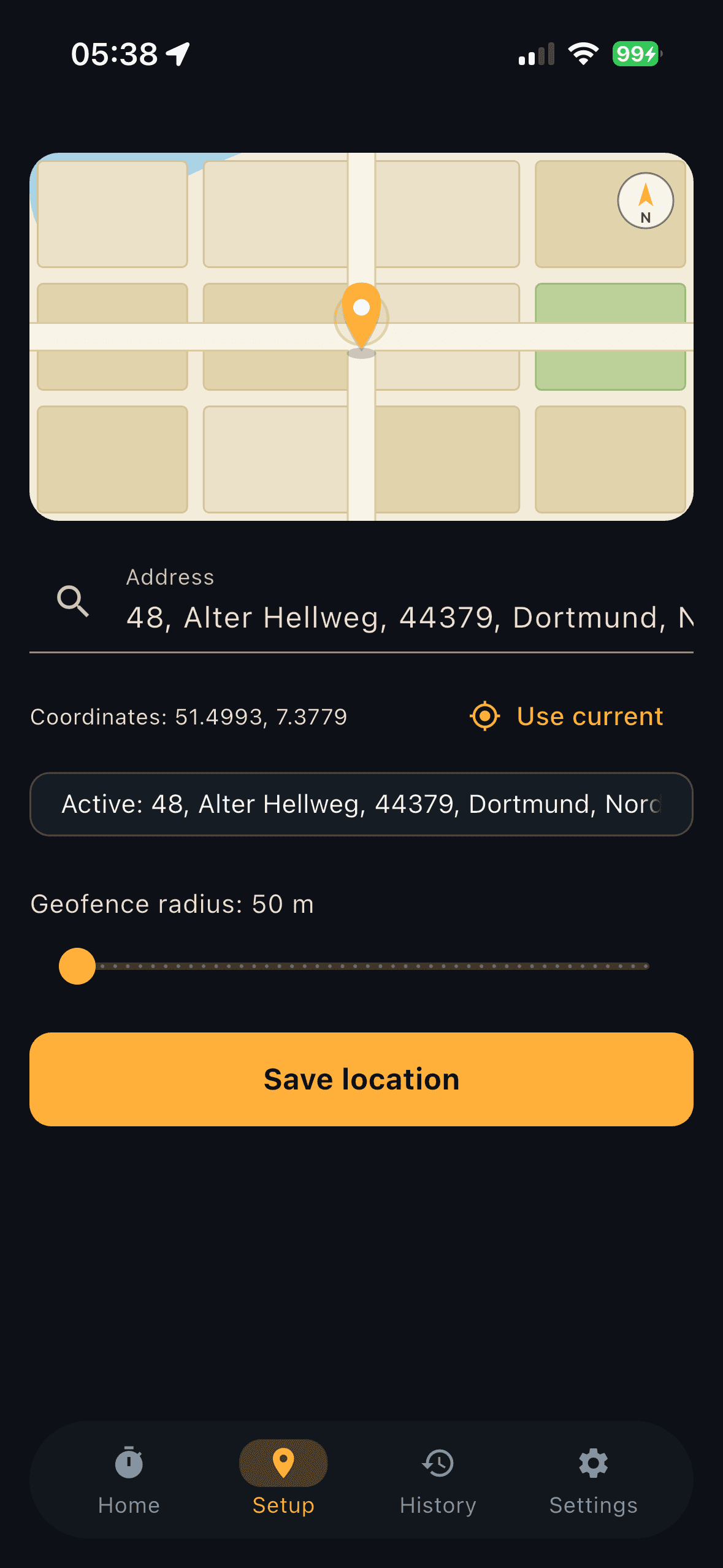 GeoPunch setup screen: work address on a map with a geofence radius slider