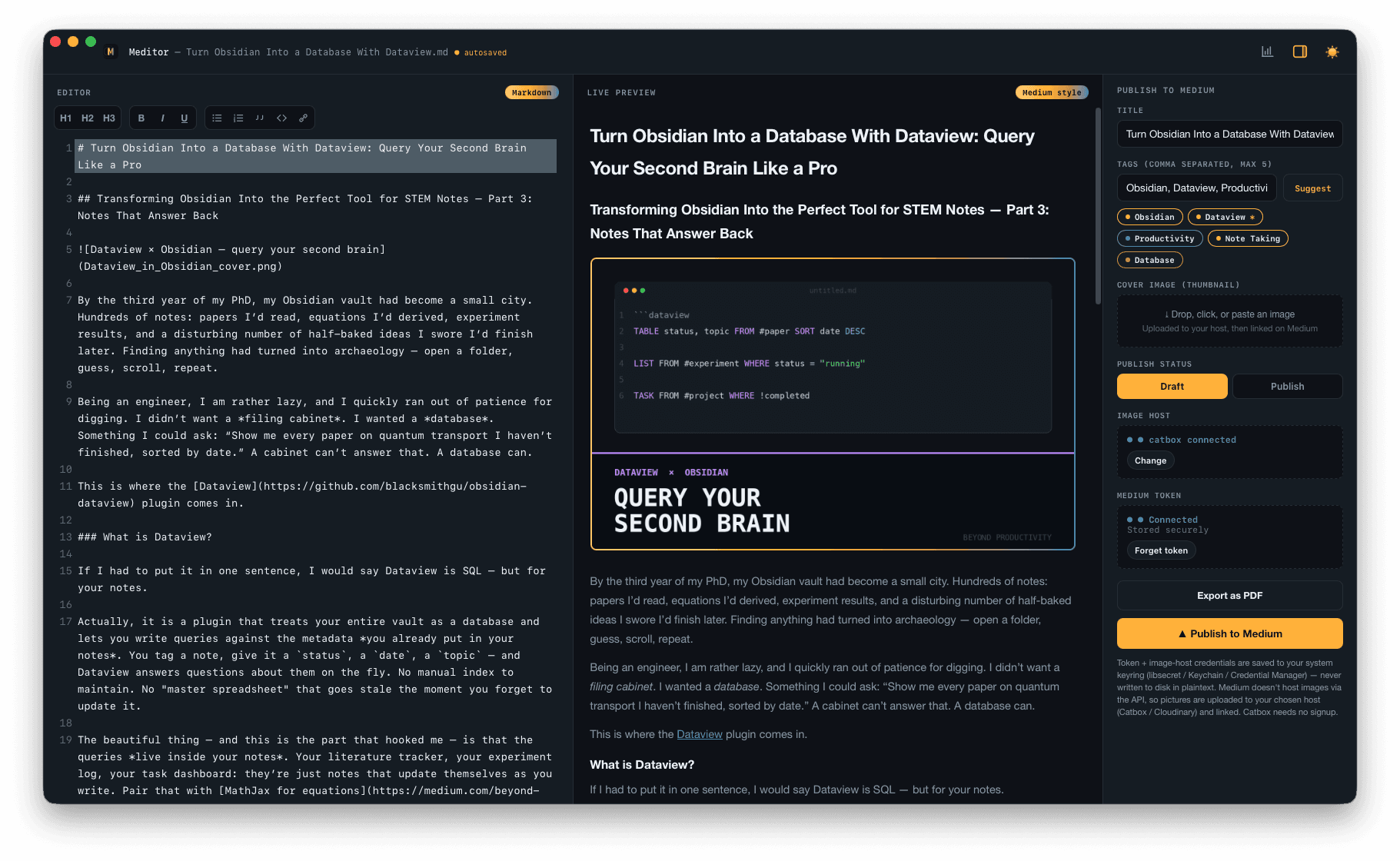 Meditor's new formatting toolbar above the editor, and weighted tag-suggestion chips in the publish panel