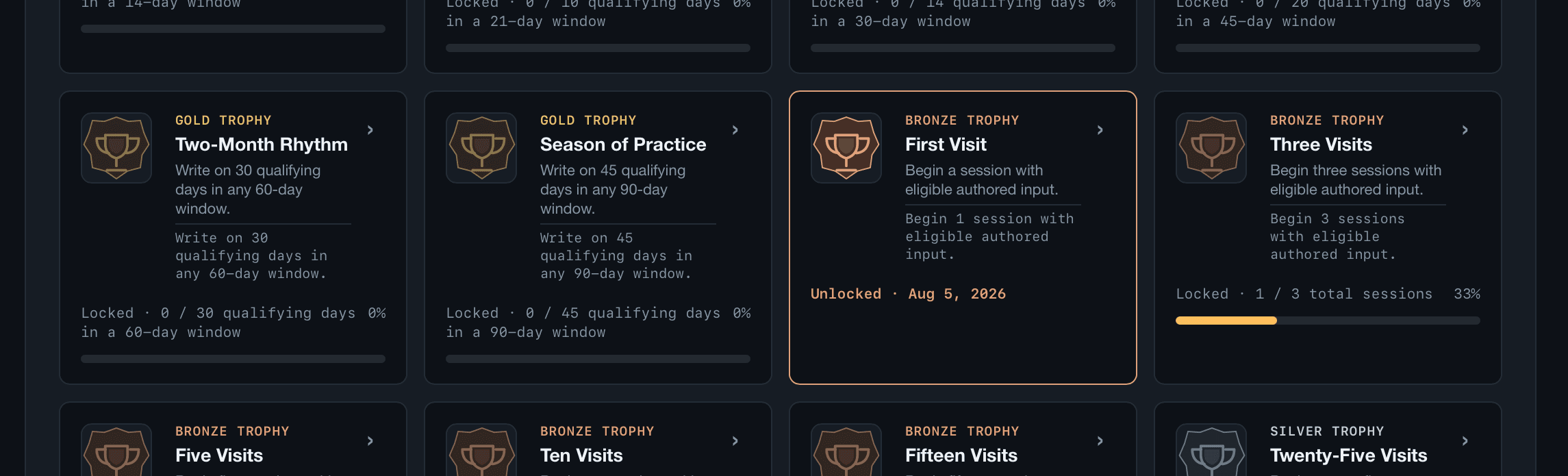 Meditor trophy cards: two locked gold trophies beside a freshly unlocked bronze trophy