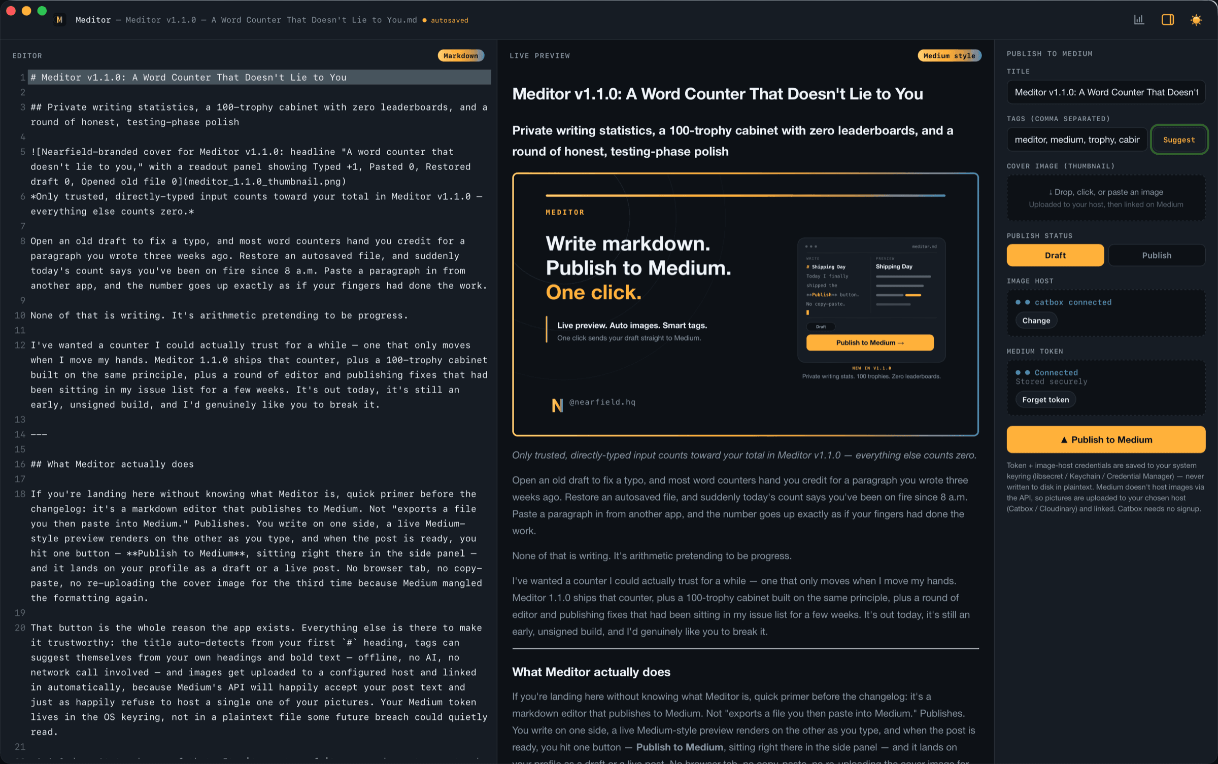 Meditor with a real blog post loaded: editor and live Medium-style preview side by side, title auto-filled and tags suggested in the publish panel