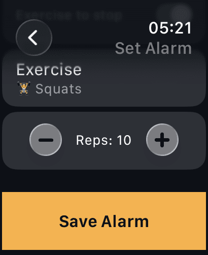 PhaseWake Apple Watch alarm setup: exercise set to Squats with a rep count, and a Save Alarm button